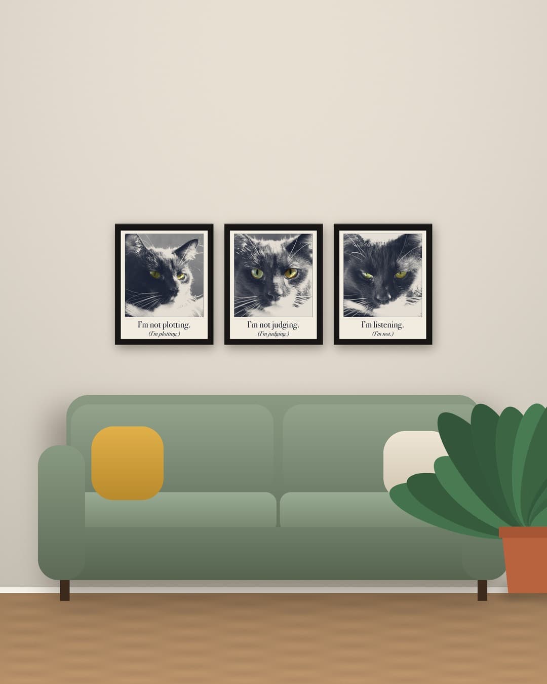 The Judging Set: three separate 16×20 Judgy Pet prints in black frames above a green sofa